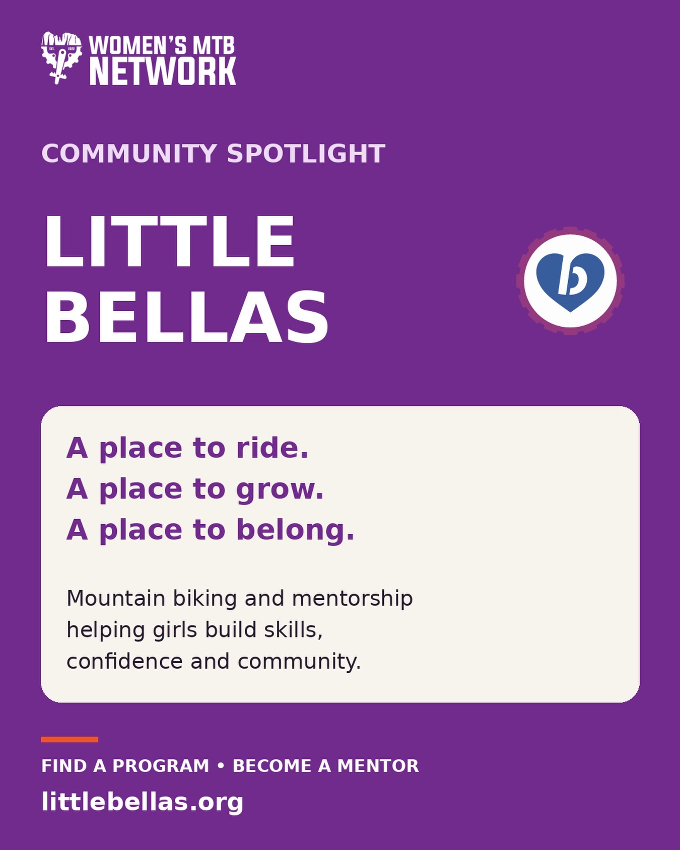 More girls on bikes. More confidence. More community. 🚴‍♀️💜
This week’s Community Spotlight is Little Bellas, a nonprofit using mountain biking and mentorship to help girls build skills, friendships and confidence.

Their noncompetitive camps and weekly programs create space for girls to learn, try new things and have fun 
together. 

Financial and equipment assistance helps make participation more accessible.

Find a program, explore mentoring opportunities or support their work at littlebellas.org.

Have a Little Bellas experience to share? Tell us below!

#WomensMTBNetwork #LittleBellas #MoreGirlsOnBikes